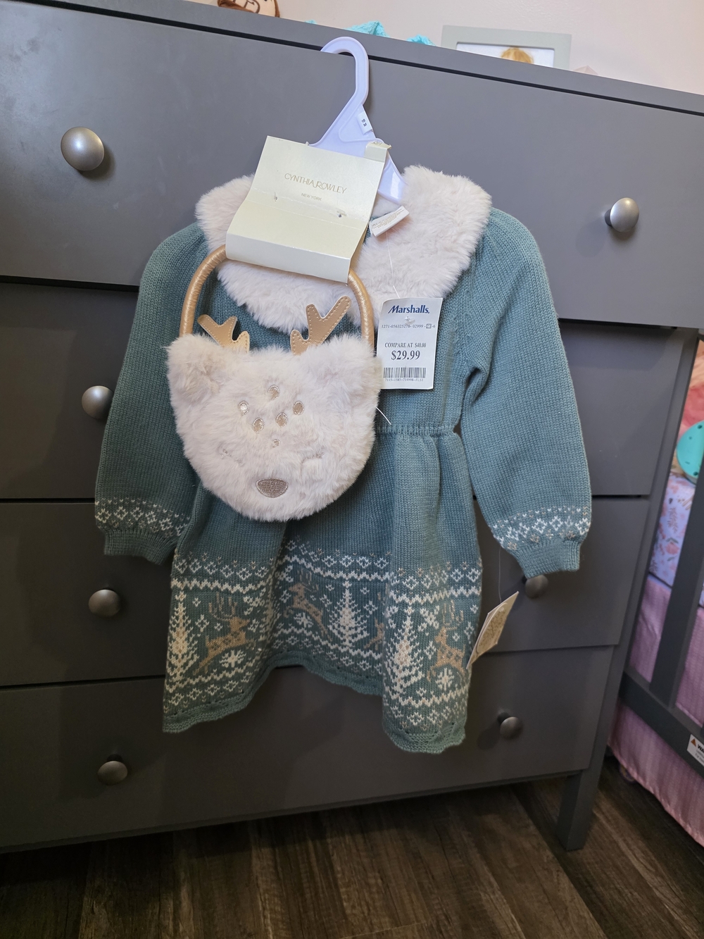 Cynthia Rowley Teal Knit Dress with Cream Fur Collar  and Reindeer Purse